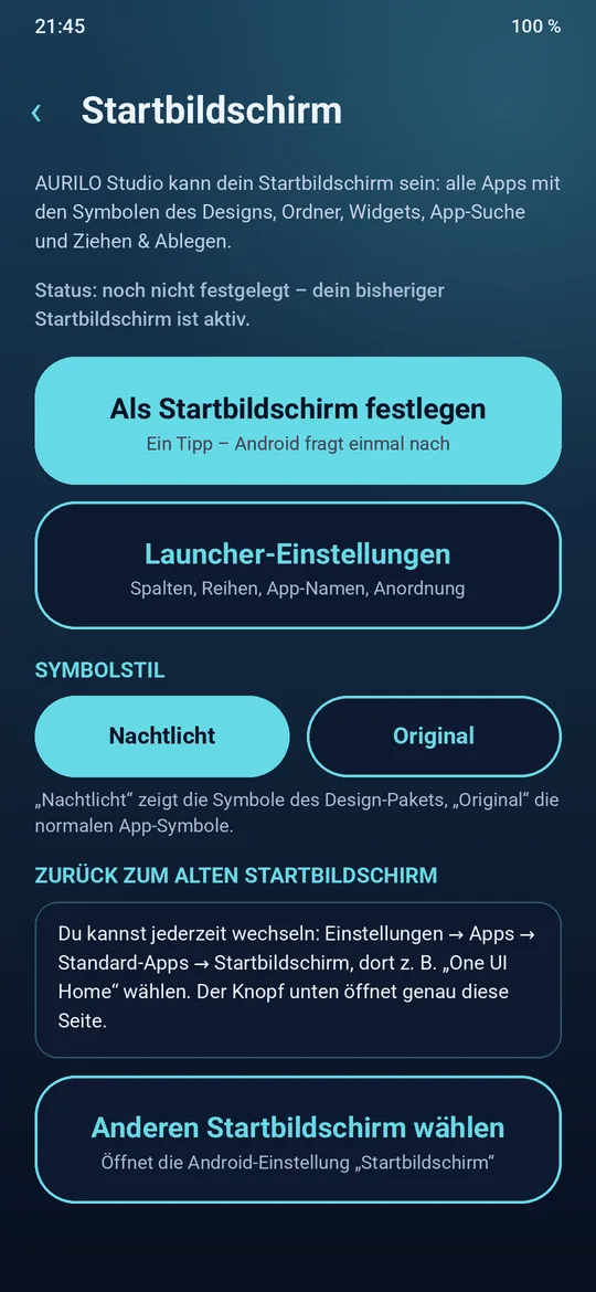 Startbildschirm-Einstellungen der App (Vorschau)