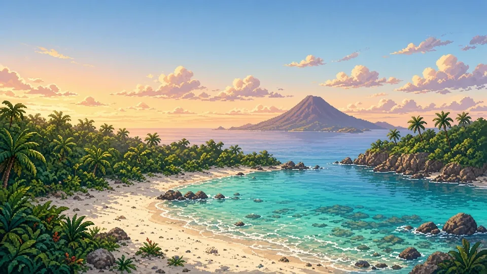 Strand und Vulkaninsel aus dem Spiel